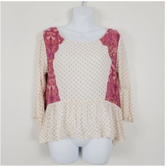 Free People Cream & Burgundy Gauzy Floral Boho Peplum Top size XS - Picture 12 of 14